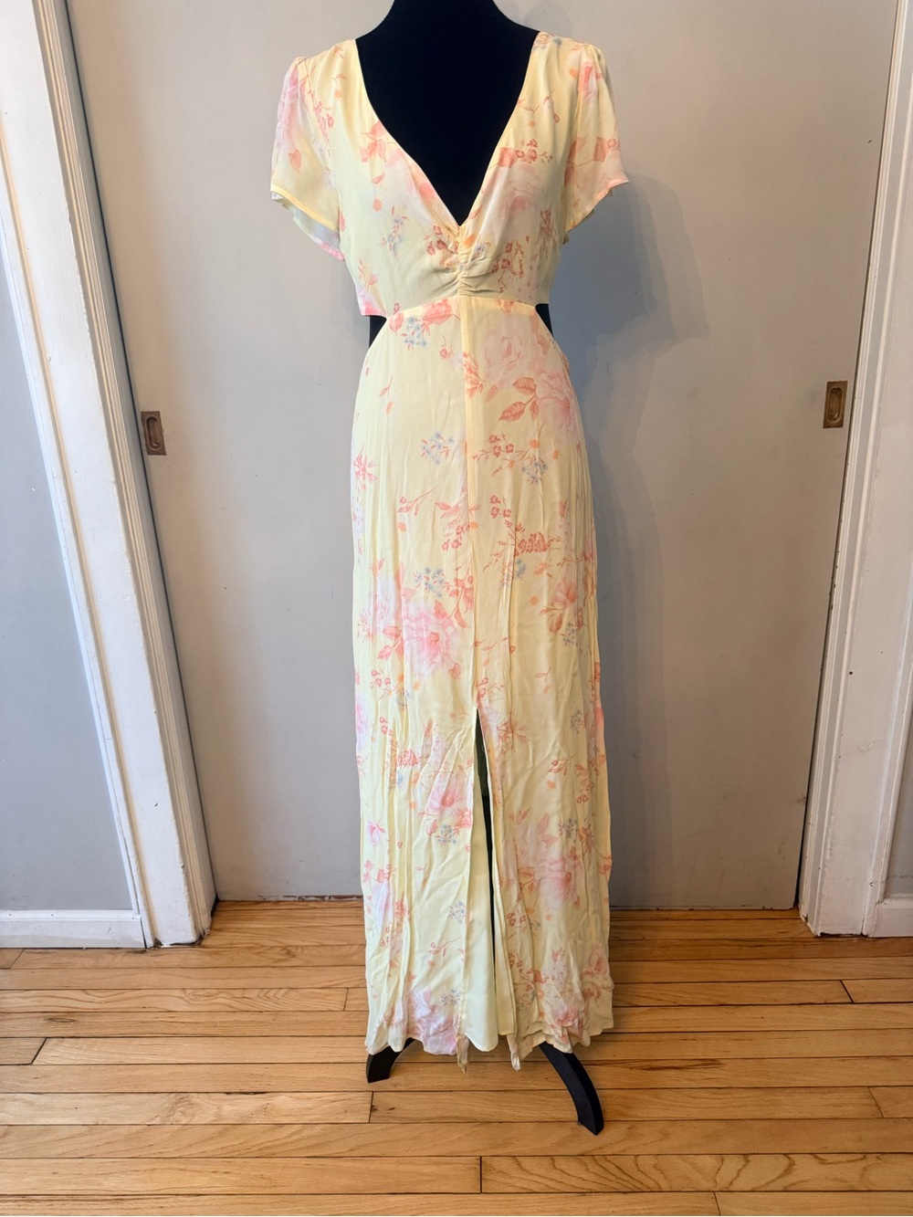 Forever 21 Pale Yellow Floral Maxi Dress with Pink Accents